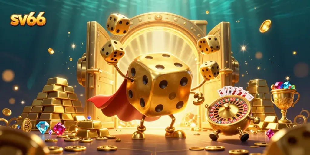 Win big with sv66 in this vibrant 3D casino illustration showcasing dynamic gambling elements.