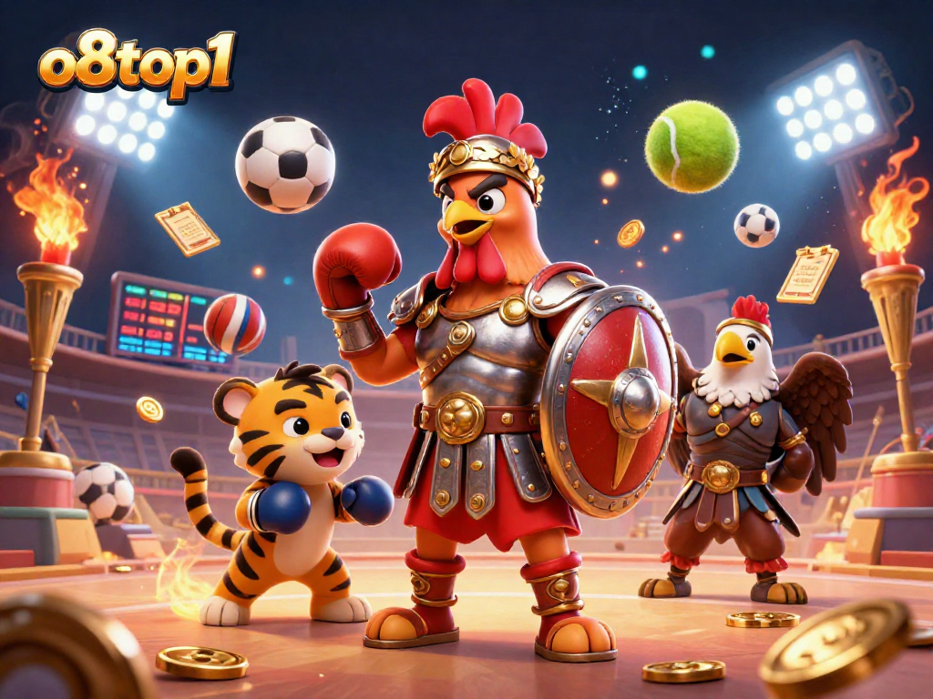 Dynamic betting scene featuring o8top1's unique gladiator rooster in a thrilling colosseum.