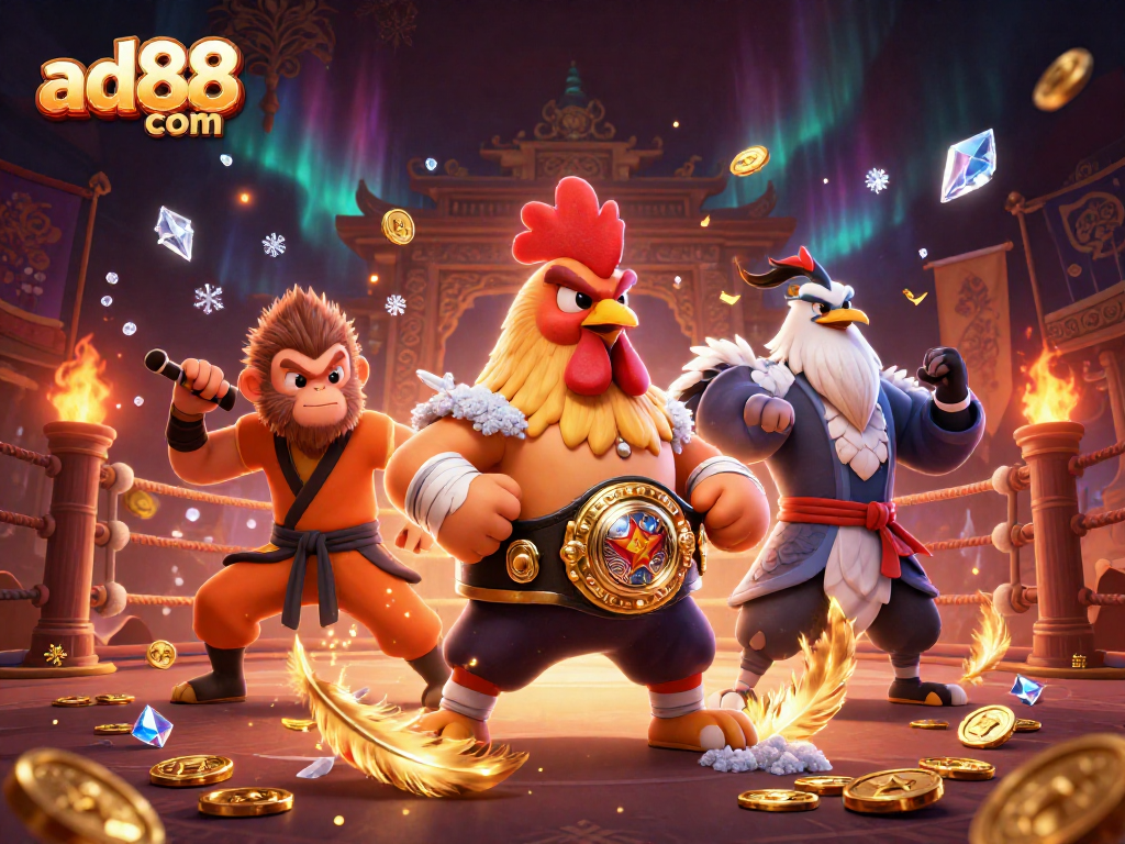 Engage in action-packed gaming with ad88 com featuring Muay Thai rooster and Shaolin monkey.