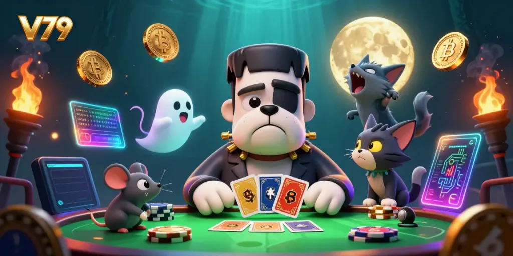 Trải nghiệm V79 với chú chó Frankenstein đang chia bài tại bàn casino ma quái.