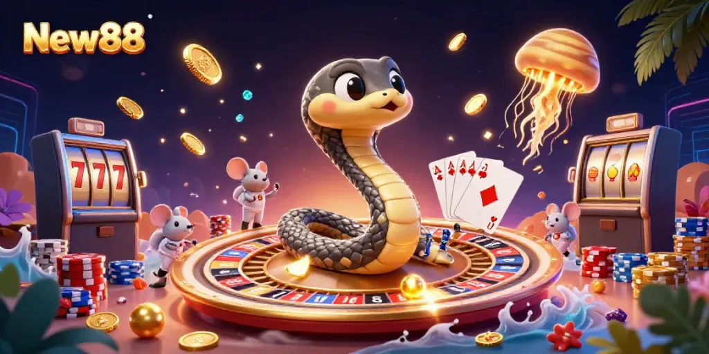 Experience New88's thrilling cosmic casino with betting astronaut mice and dazzling cosmic dealer.