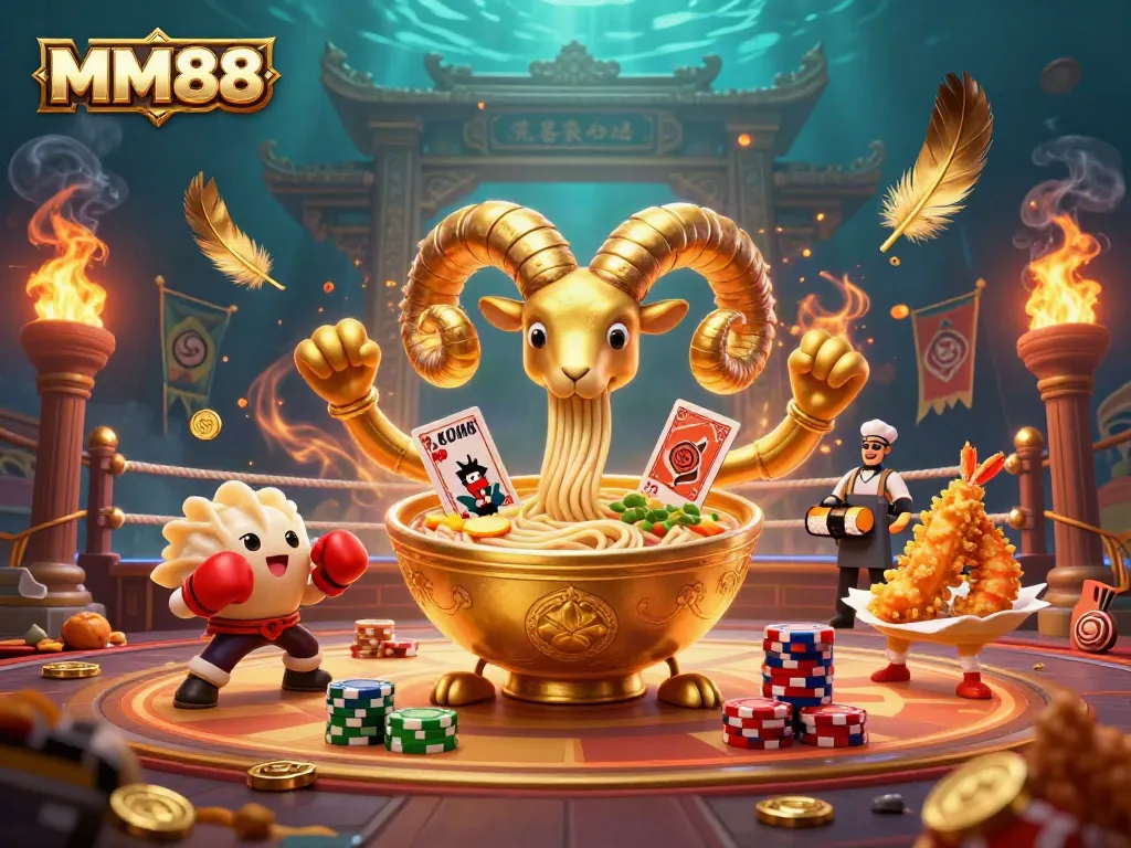 Experience MM88 thrills with a 3D cartoon scene of a golden ramen bowl dealing cards and vibrant casino energy.