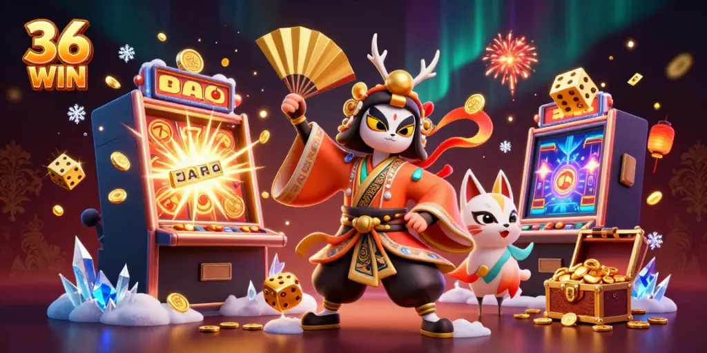 Experience the thrills of 36 WIN with vibrant animations of slot machines, kabuki warriors, and lucky charms.