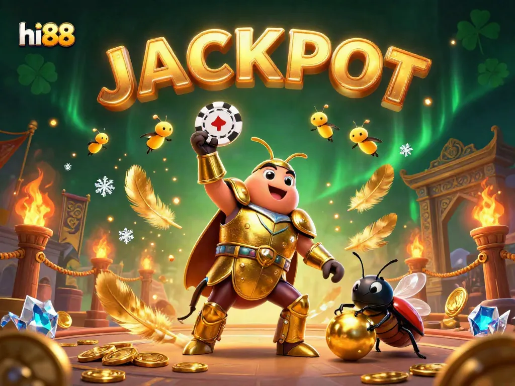 hi88 casino scene with cartoon beetles celebrating a jackpot, vibrant colors and dynamic elements