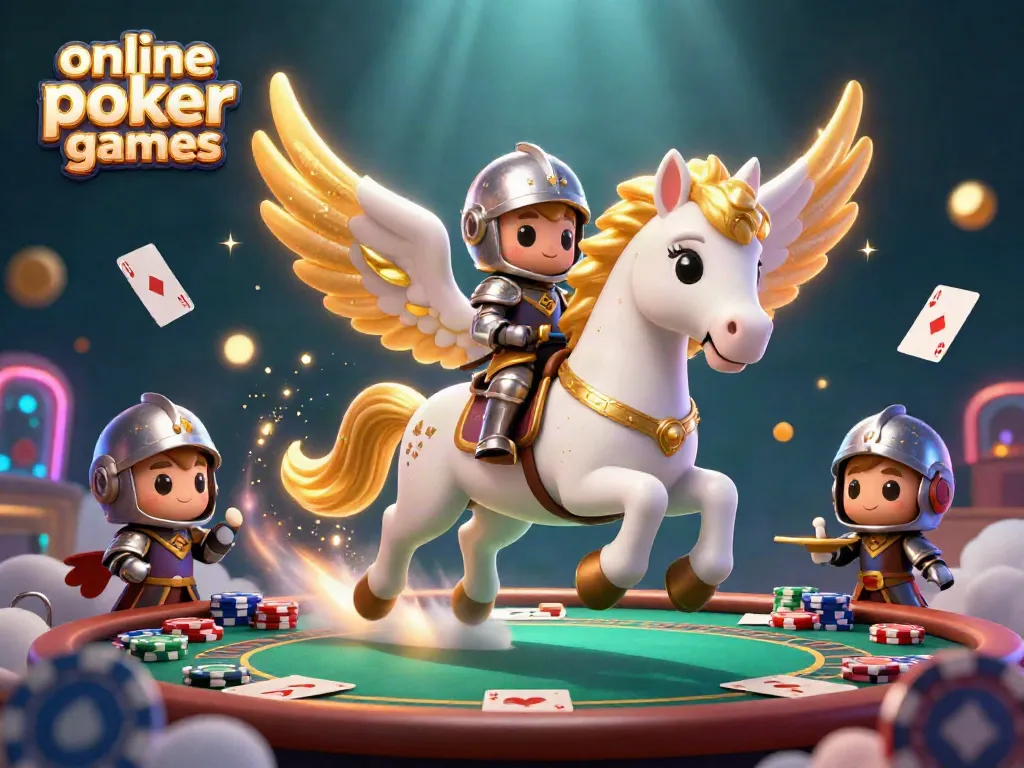 Play dynamic online poker games in a vibrant 3D illustration filled with colorful poker elements.