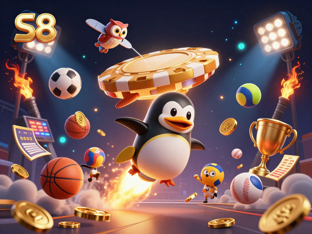 S8's golden penguin blasts off surrounded by sports elements, showcasing thrilling gambling action.