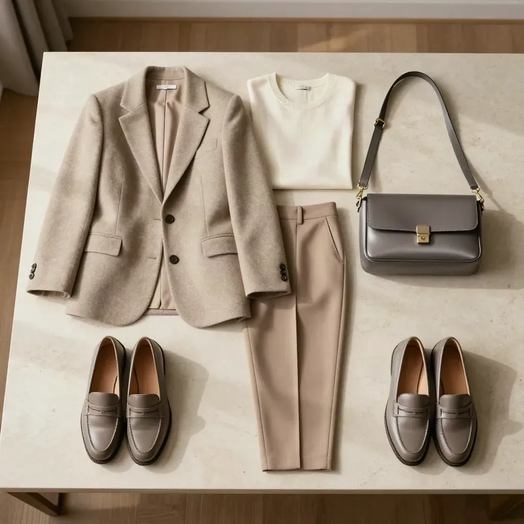 Flat lay dall’alto di capsule office con blazer, pantaloni, gonna, mocassini e borsa.