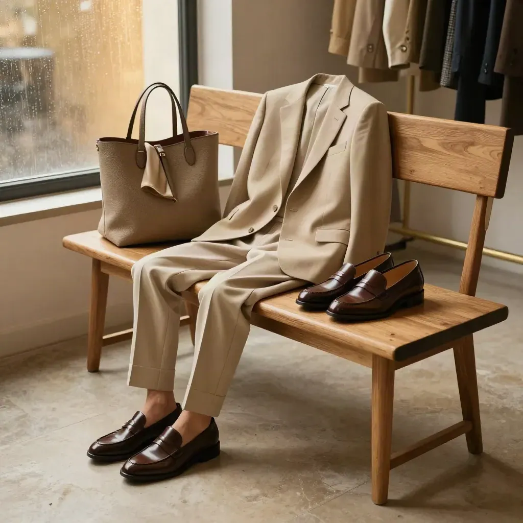 Panca da boutique con pantaloni, blazer, tote e mocassini in attesa della prova guidata.