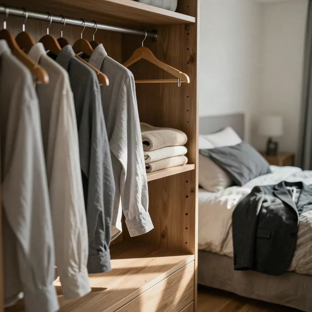 Armadio aperto con camicia in movimento, maglioni piegati e pile da tenere sul letto.