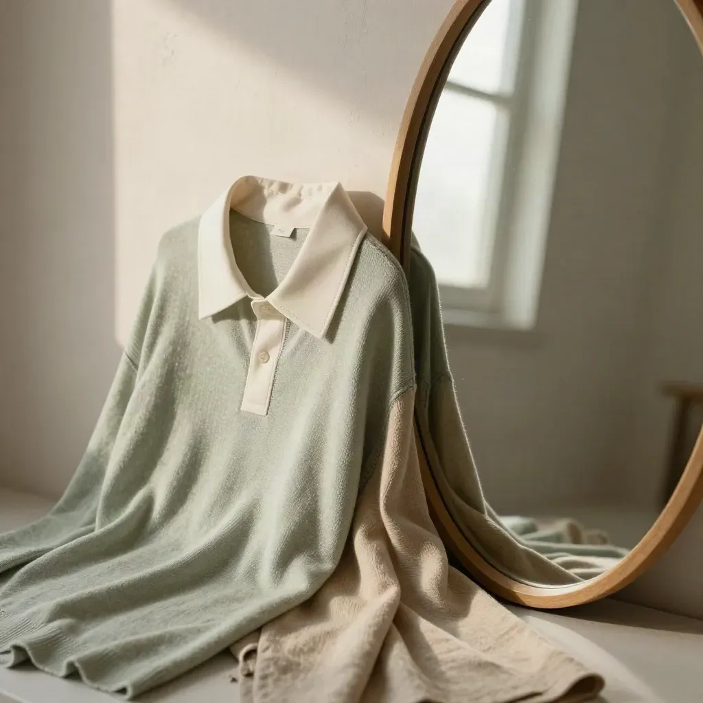 Collo di camicia avorio, maglia salvia e foulard sabbia davanti a uno specchio ovale.