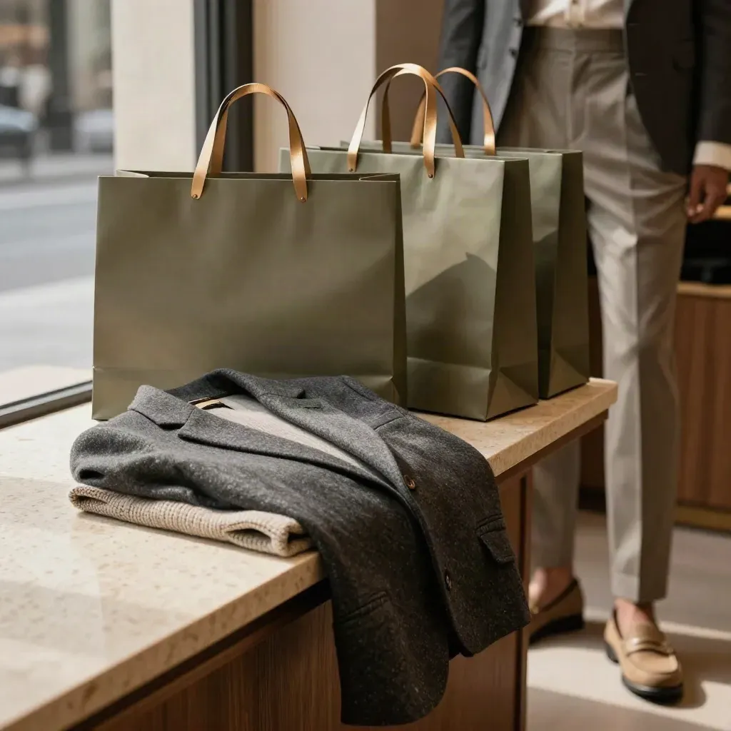 Set di acquisto in boutique con blazer, maglia, pantaloni, mocassini e borsa in attesa alla cassa