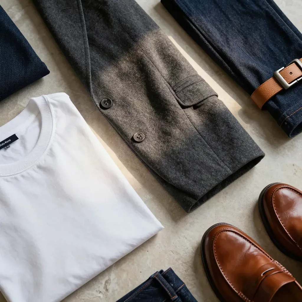 Flat lay dall’alto di t-shirt, blazer, jeans, mocassini e cintura su pietra chiara.