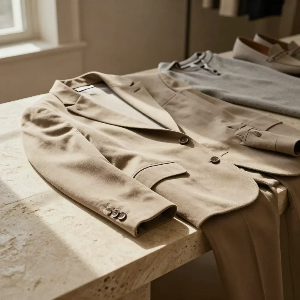 Completo capsule su panca in pietra con blazer, pantalone, maglia, mocassini e cappotto leggero.
