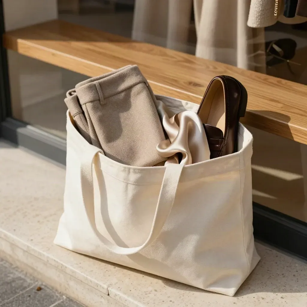 Borsa di tessuto aperta con pantaloni piegati, top in seta e mocassini su pietra chiara.