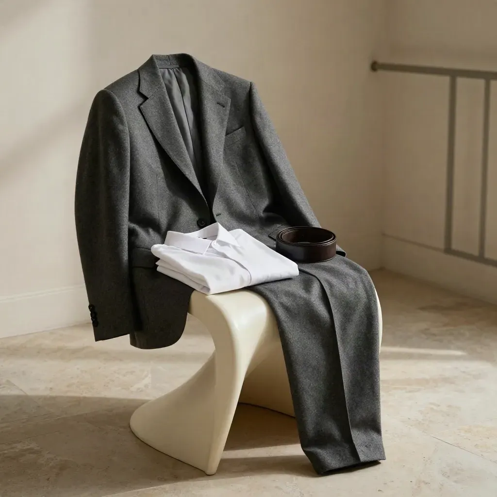 Blazer e pantaloni coordinati su sedia scultorea con camicia bianca e cintura, luce calda.