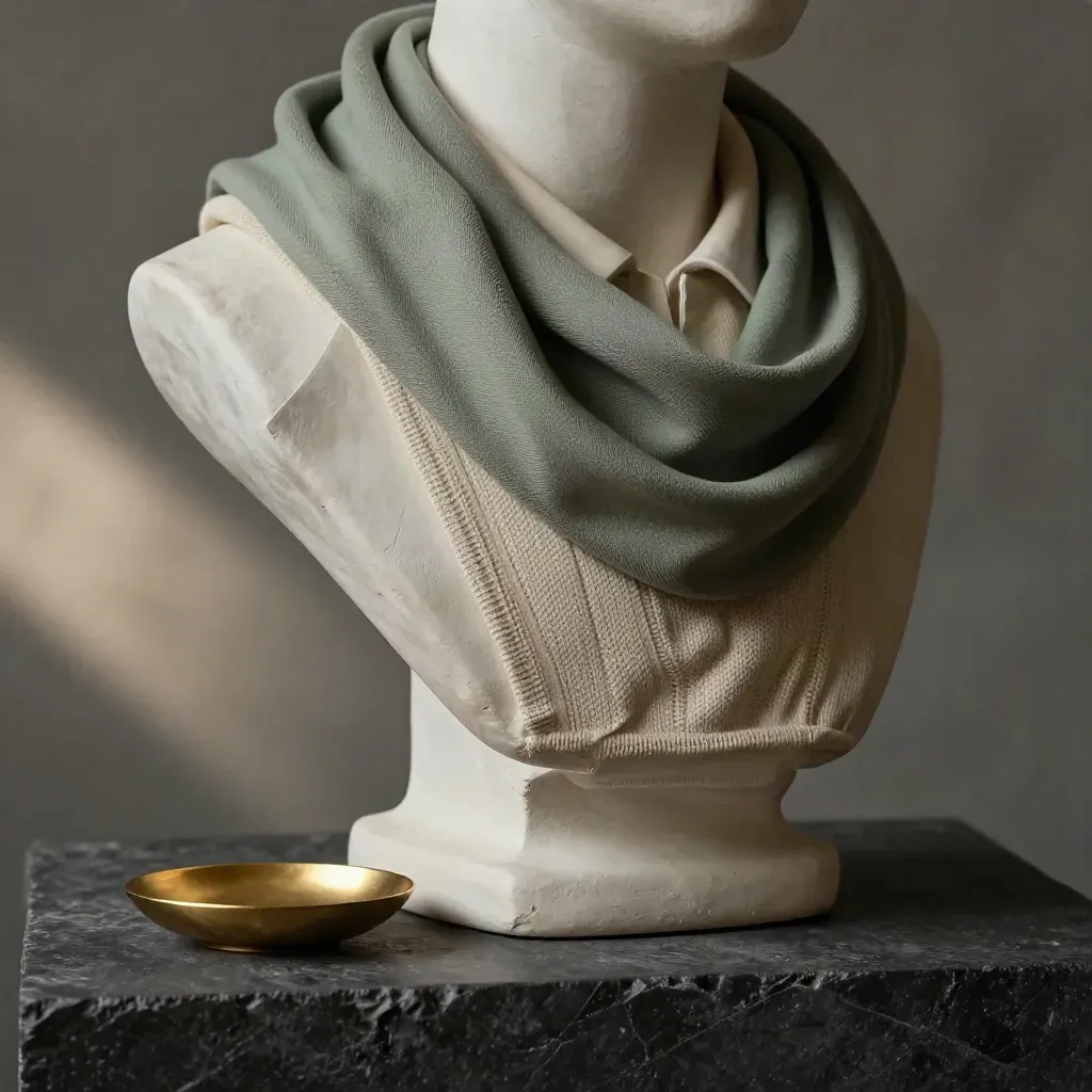Collo di camicia avorio, maglia sabbia e sciarpa salvia su busto opaco in luce drammatica.