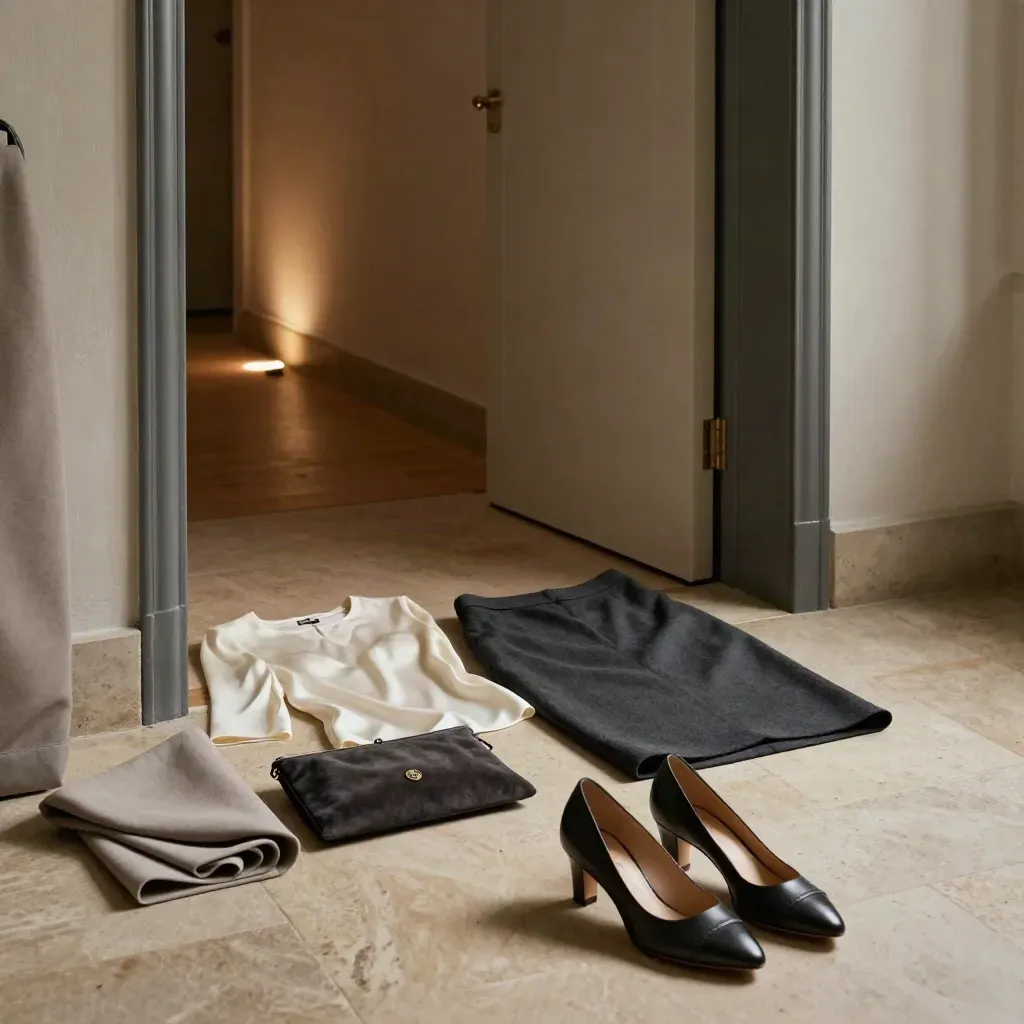 Look da sera con top in seta, gonna sartoriale, clutch e décolleté su pavimento chiaro.