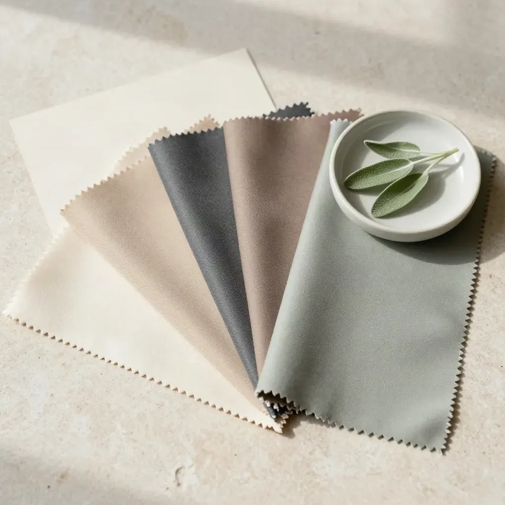 Campioni tessili per armocromia con piattino in ceramica e rametto di salvia su pietra chiara.
