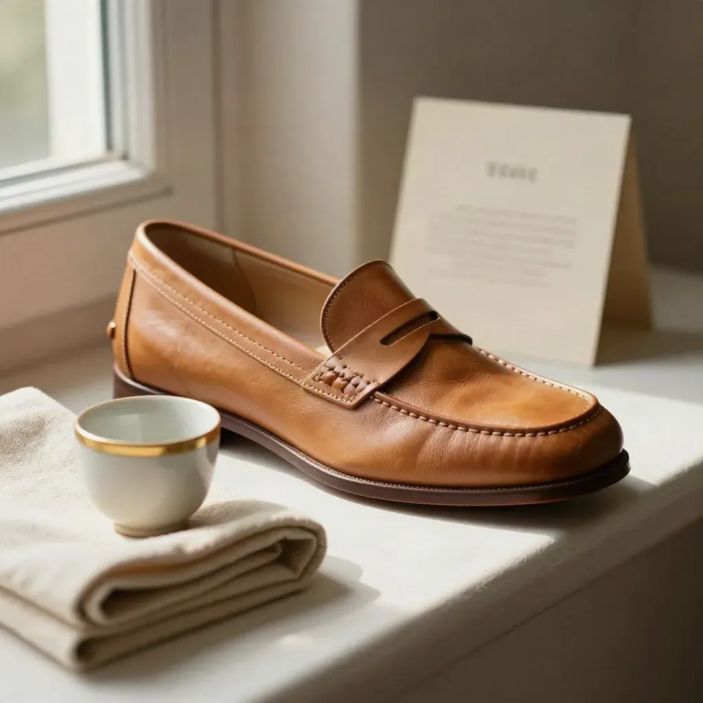 Mocassino in pelle cuoio con bustina in tessuto e tazza ceramica su legno chiaro.