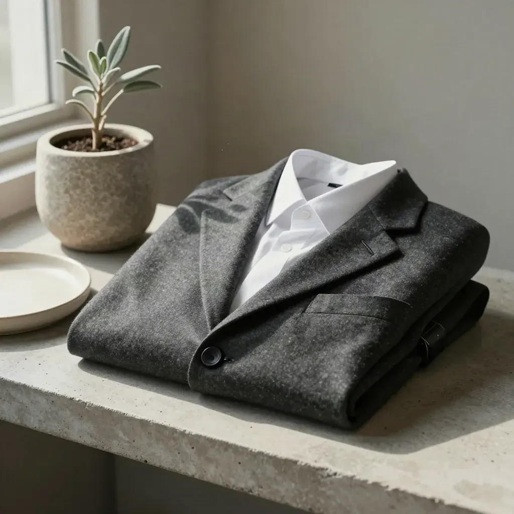 Blazer strutturato, colletto bianco, cintura e vaso in ceramica su mensola in cemento chiaro.