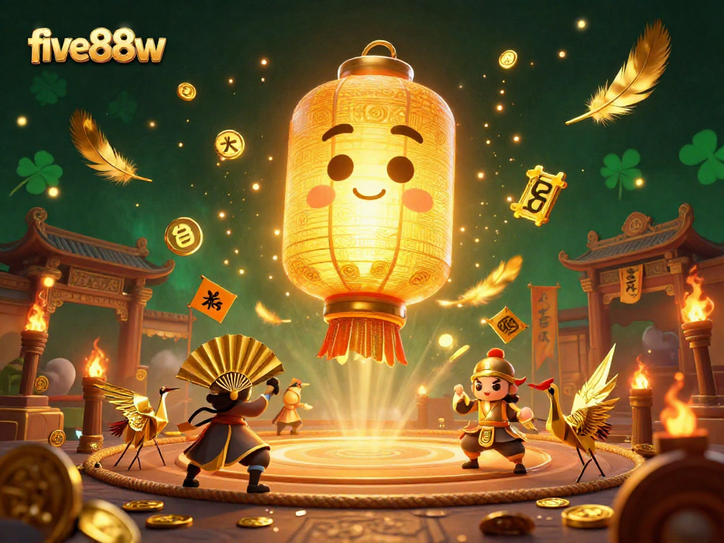 Engage in thrilling gameplay at five88w with the golden lantern spirit and warrior companions in a vibrant casino scene.