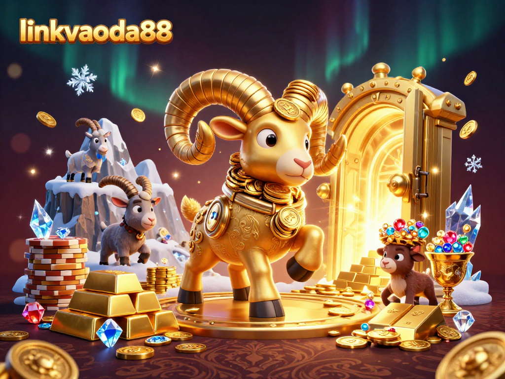 Experience thrilling wins at linkvaoda88 with massive golden ram charging through a treasure-filled gate.