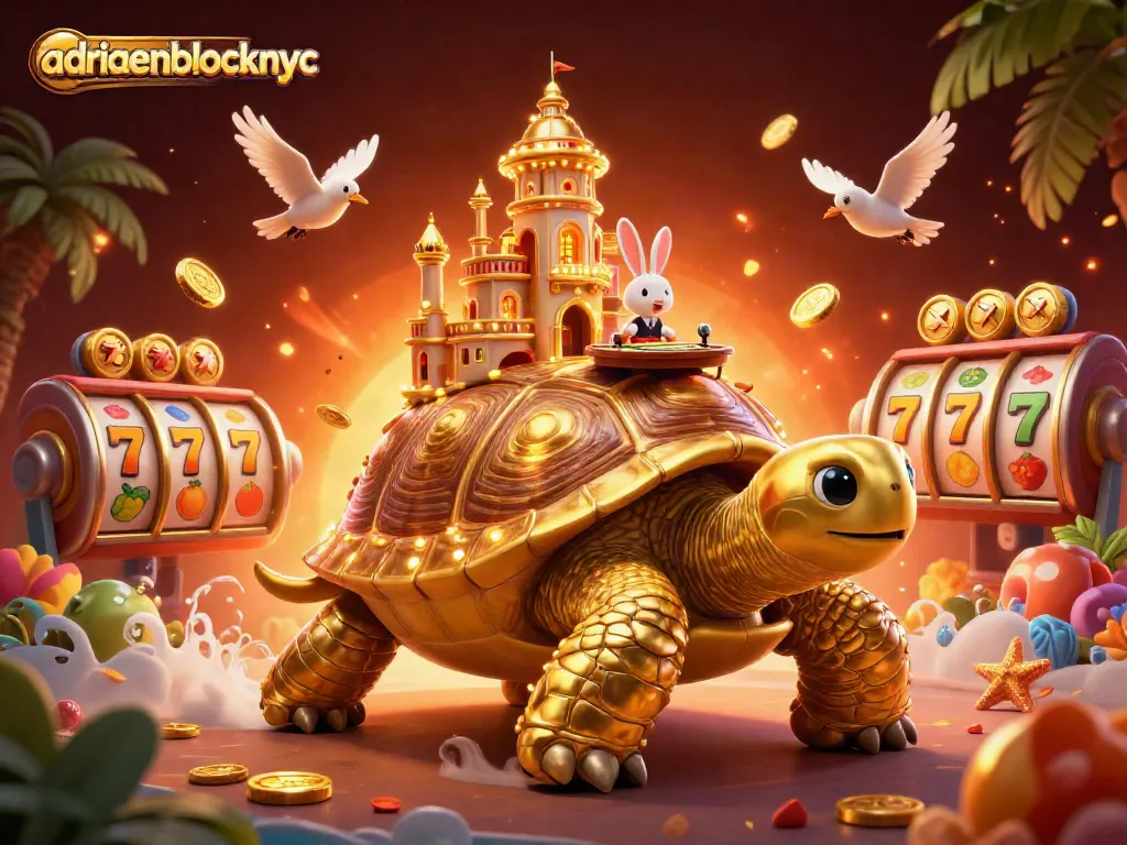 Play casino games at adriaenblocknyc with a vibrant scene featuring a golden tortoise, slots, and festive elements.