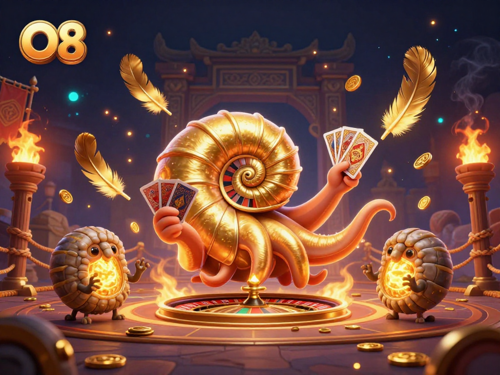 Engage in thrilling gameplay at O8, featuring a vibrant 3D nautilus roulette and glowing ammonites.
