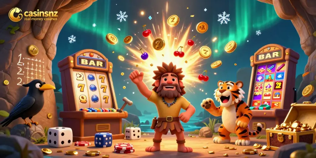 Engage with the vibrant casinosnz real money casinos scene featuring a lively caveman and sabertooth tiger managing gameplay.