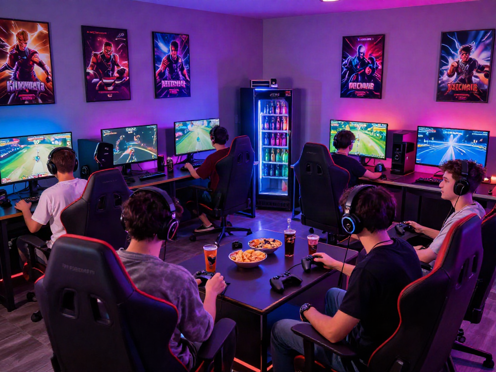 Friends enjoying multiplayer porn games in a vibrant gaming lounge.