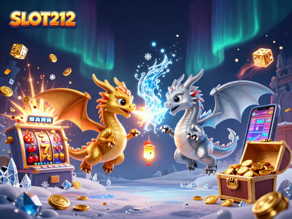 SLOT212 features twin 3D dragons amidst a vibrant casino scene with a jackpot explosion.