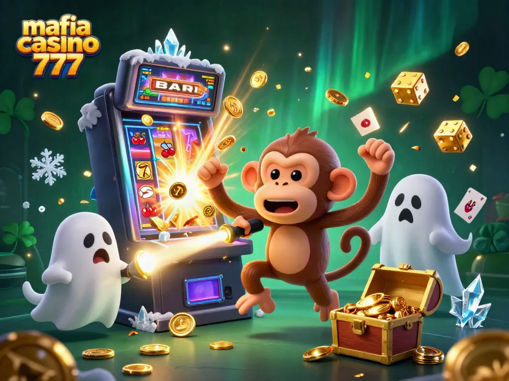 Experience thrilling fun with mafia casino 777 as golden coins and slot machines fill the haunted casino scene.