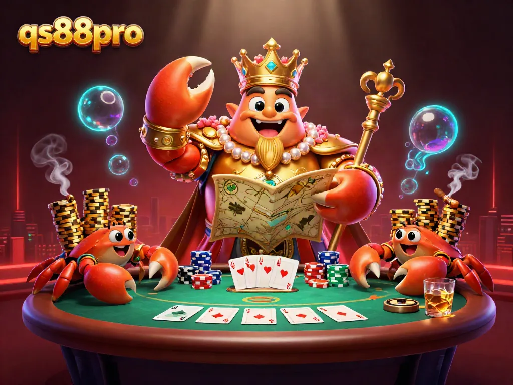 Experience qs88pro's thrilling gameplay with a golden crab emperor at an elaborate poker table.