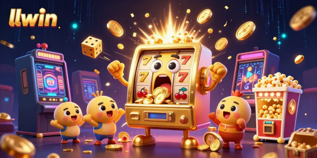 llwin slot machine surprises with jackpot coins, captivating casino scene filled with action.