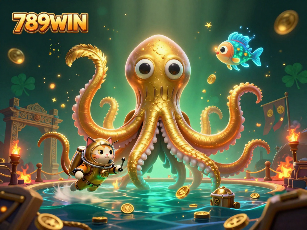 Experience the thrill of 789WIN with a fantastical kraken and diving cat in a dynamic casino scene.