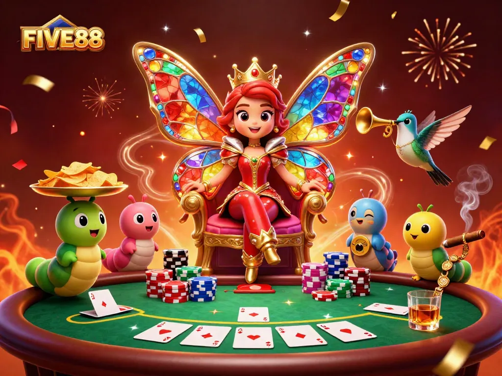 Experience the excitement of FIVE88 with a vibrant casino scene featuring a butterfly queen and poker elements.