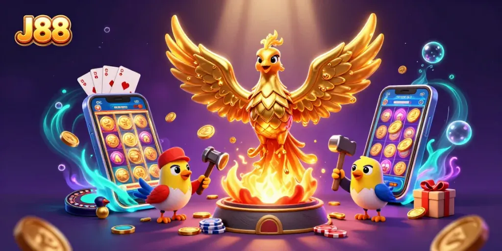 Experience the thrill of J88 as the golden phoenix transforms coins in a vibrant casino scene.
