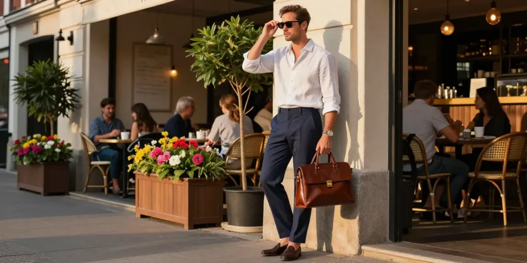 Men's Clothing Online Boutique featuring a stylish man in summer attire against an urban backdrop, confidently showcasing tailored fashion.