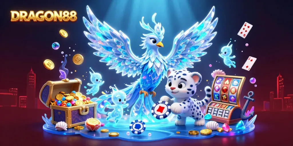 Spin to win big with DRAGON88-themed 3D casino illustration showcasing vibrant characters and elements.