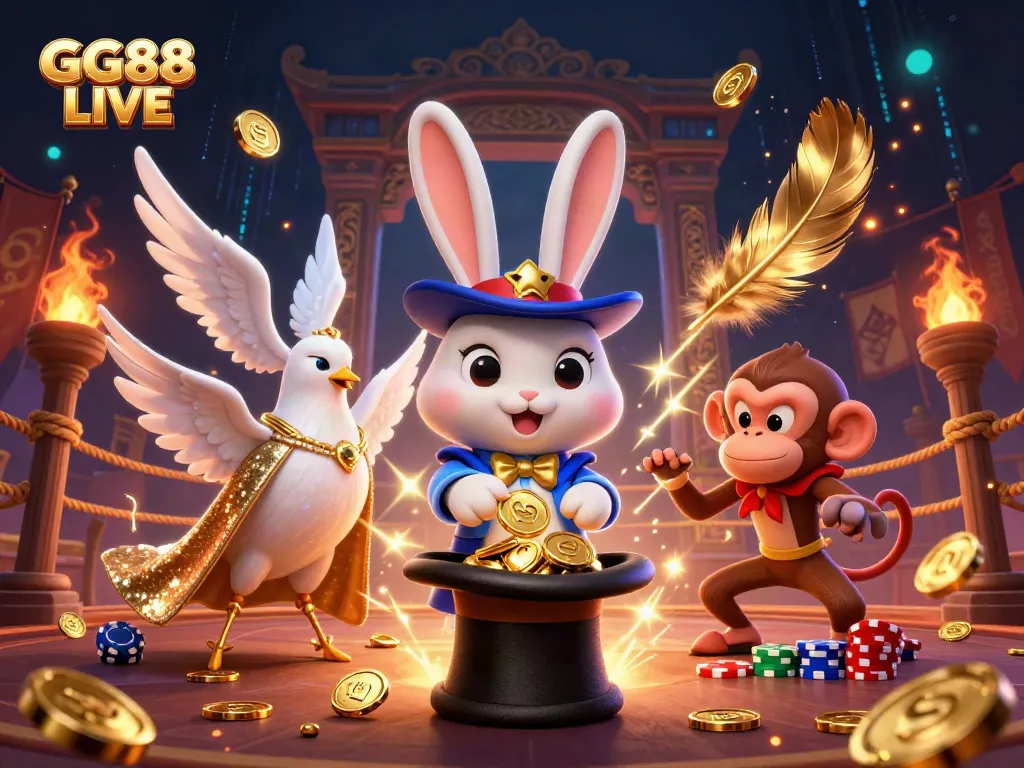 Experience the excitement of GG88 LIVE with a magical scene featuring a rabbit, dove, and monkey in a vibrant casino setting.