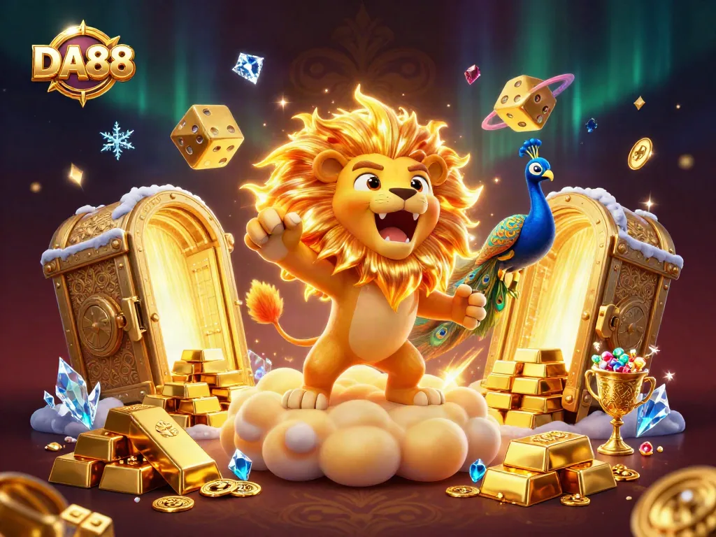 Players enjoy a thrilling experience at DA88, featuring a dynamic 3D casino illustration.