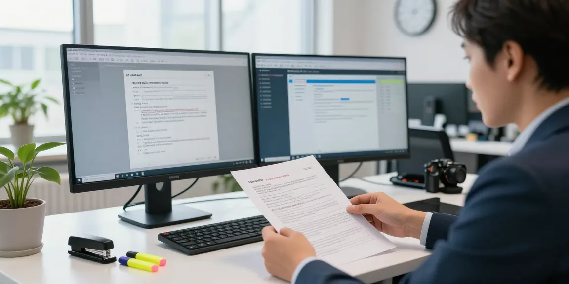 Document fraud detection process with compliance officer analyzing scanned documents in a bright office.
