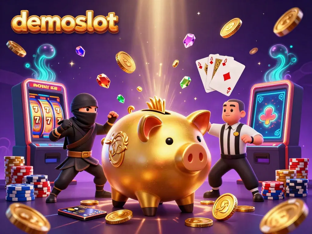 Engage with the thrilling demoslot experience featuring a dynamic piggy bank sumo wrestler amidst cascading coins for exciting gameplay.