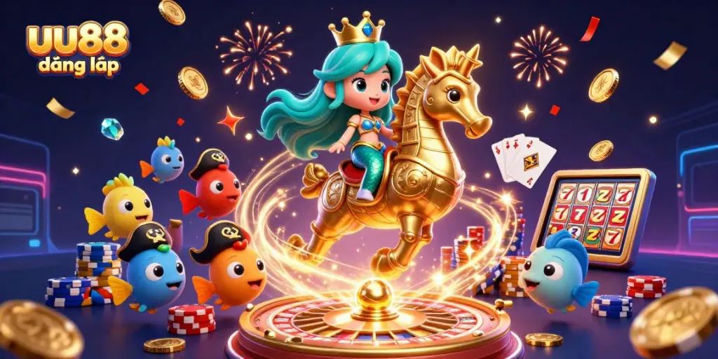 Celebrate with uu88 đăng nhập as a mermaid princess rides a seahorse amidst cascading coins.