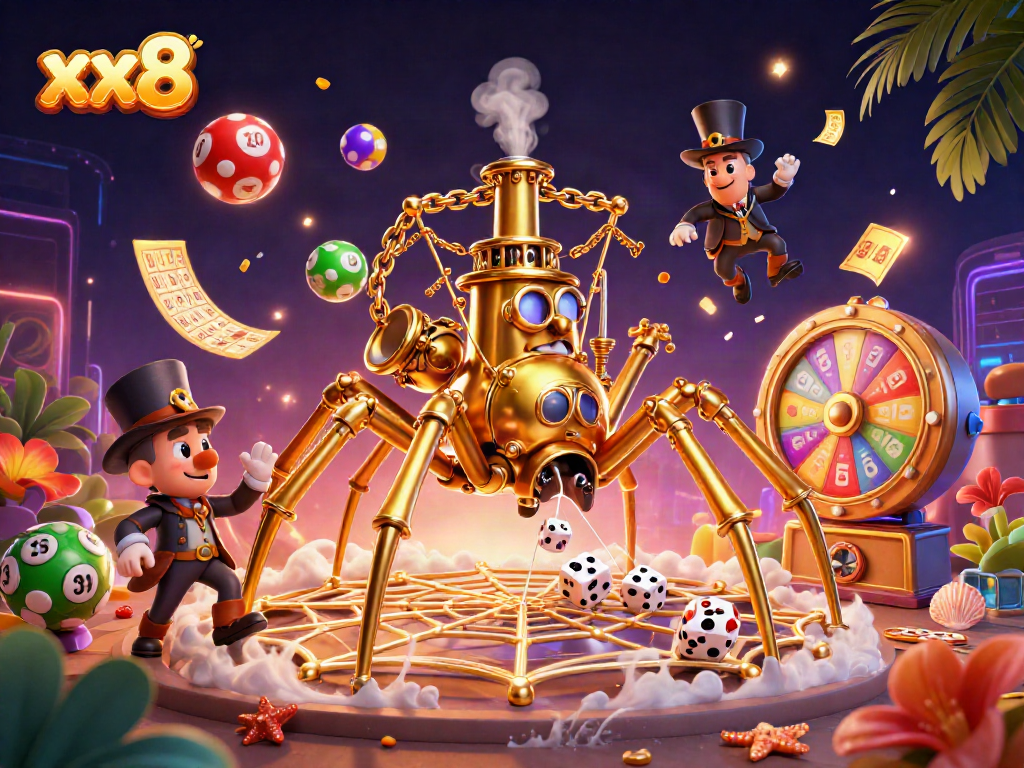 Experience the thrill of gambling with xx8 in this immersive 3D casino scene featuring vibrant lottery elements.