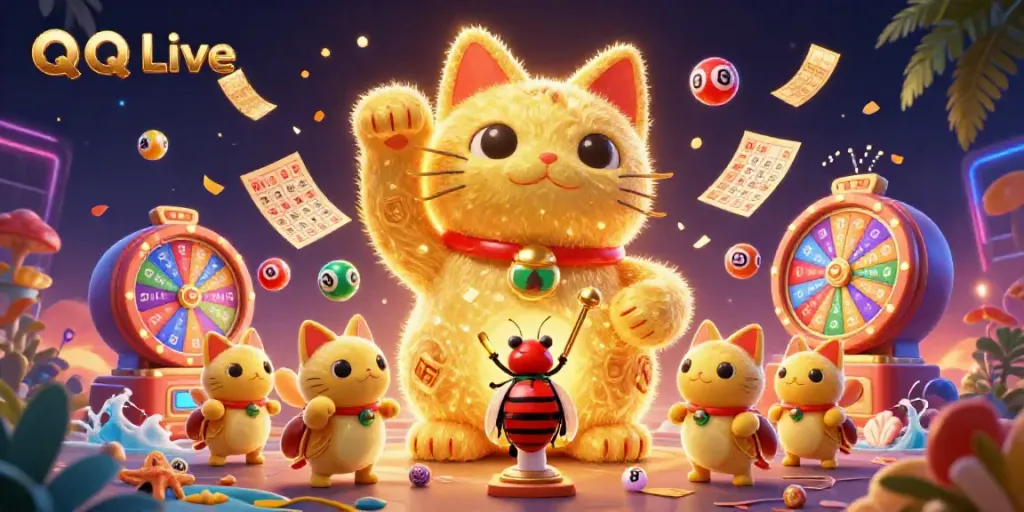 Experience QQ Live with lively characters and vibrant casino symbols in this exciting illustration.