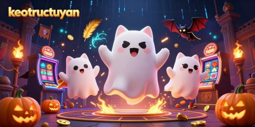 Engage with keotructuyen's lively casino atmosphere featuring a ghost cat, a bat, and jack-o-lanterns.