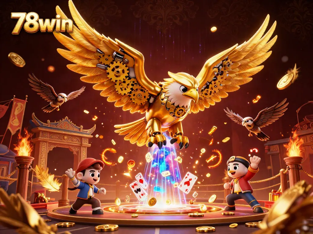 Experience thrilling gameplay at 78win with golden eagle flying through a vibrant casino scene.