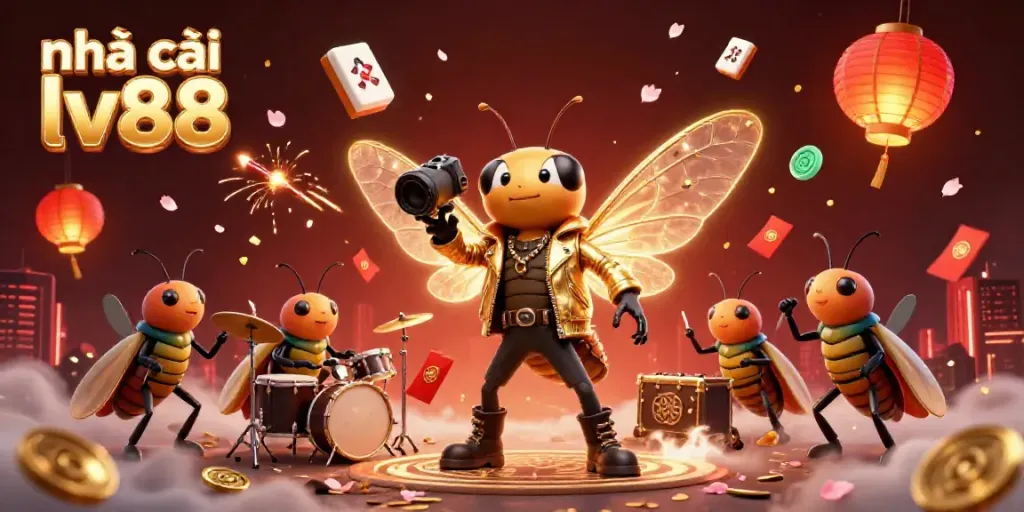 Engage in exciting gameplay with nhà cái lv88, featuring a vibrant scene of a cicada rock star and glowing casino elements.