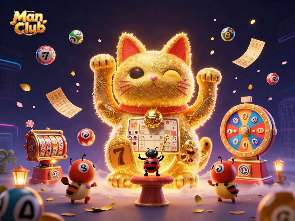 Engage in exciting betting action with the vibrant Man Club illustration of a lucky cat and dynamic casino elements.